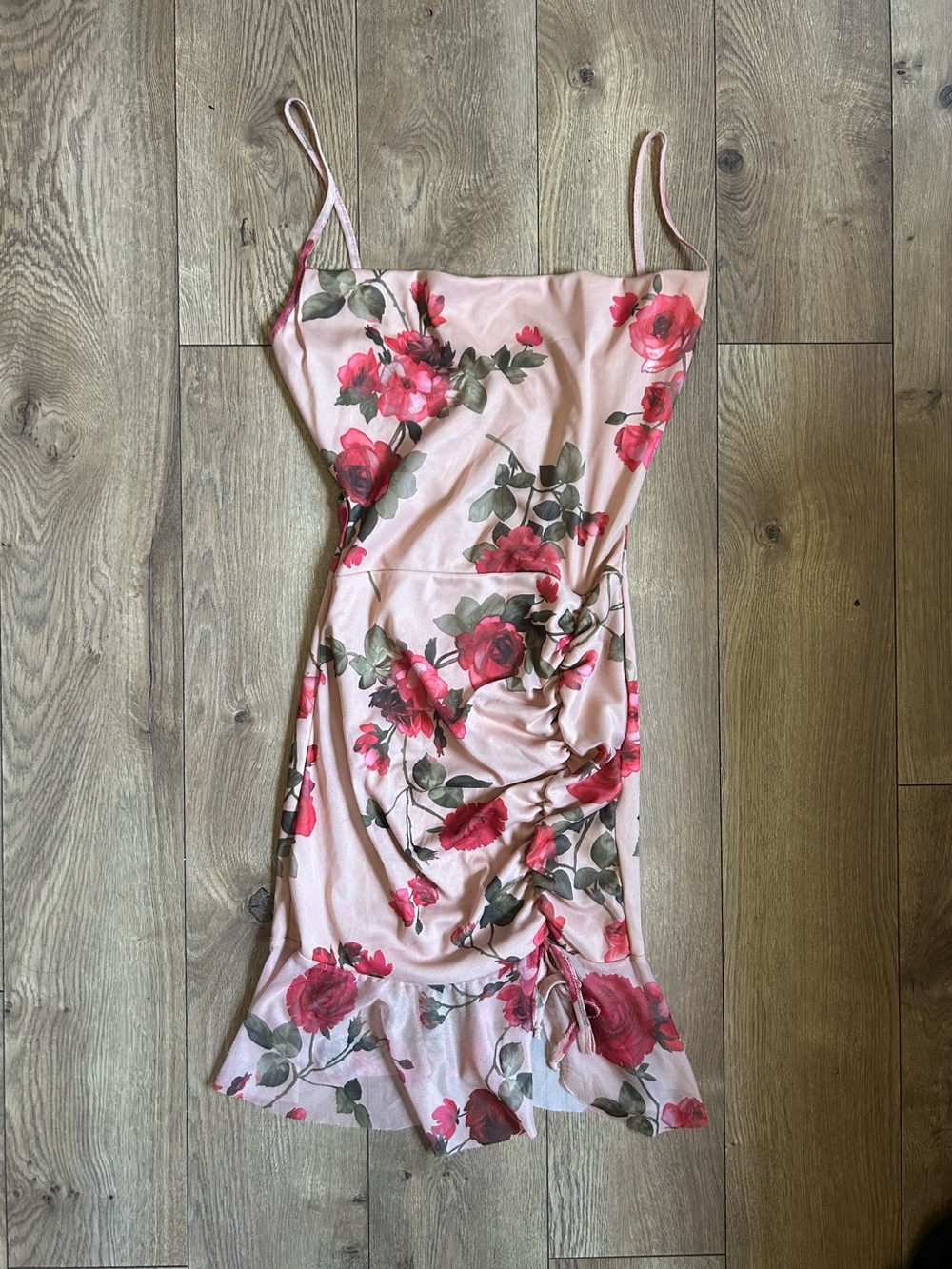 PrettyLittleThing Pink Floral Ruched Slip Mini Dress